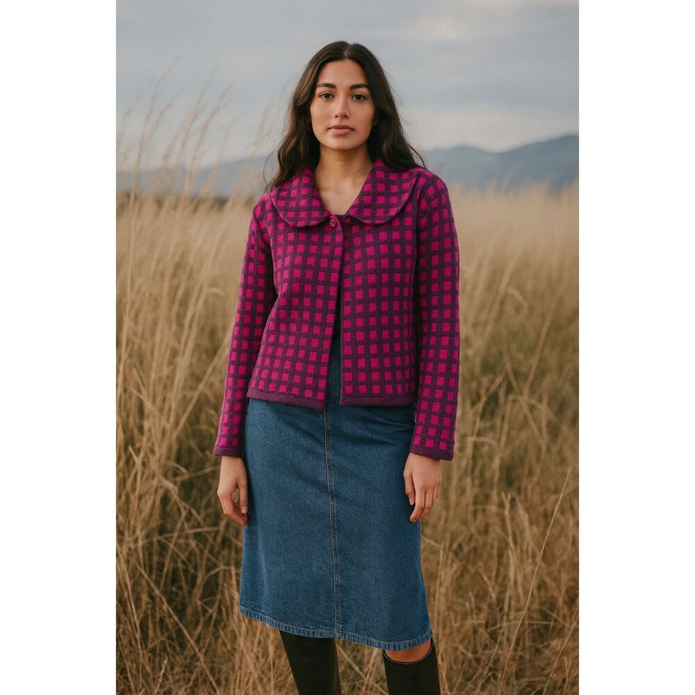 Alpaca Collection 100% Baby Alpaca Checkered Pink Purple Plaid Knit Jacket L